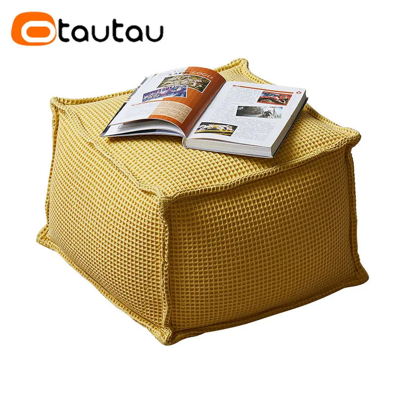 OTAUTAU 100% Pure Cotton Waffle Beanbag Stool Ottoman with Filling Square