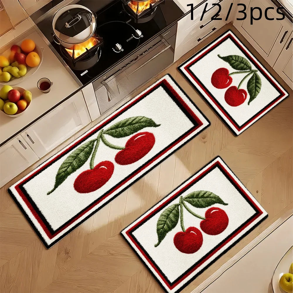 3PCS Mat Set,  Front Door, Kitchen,  Cherry Pattern With Green Leaves