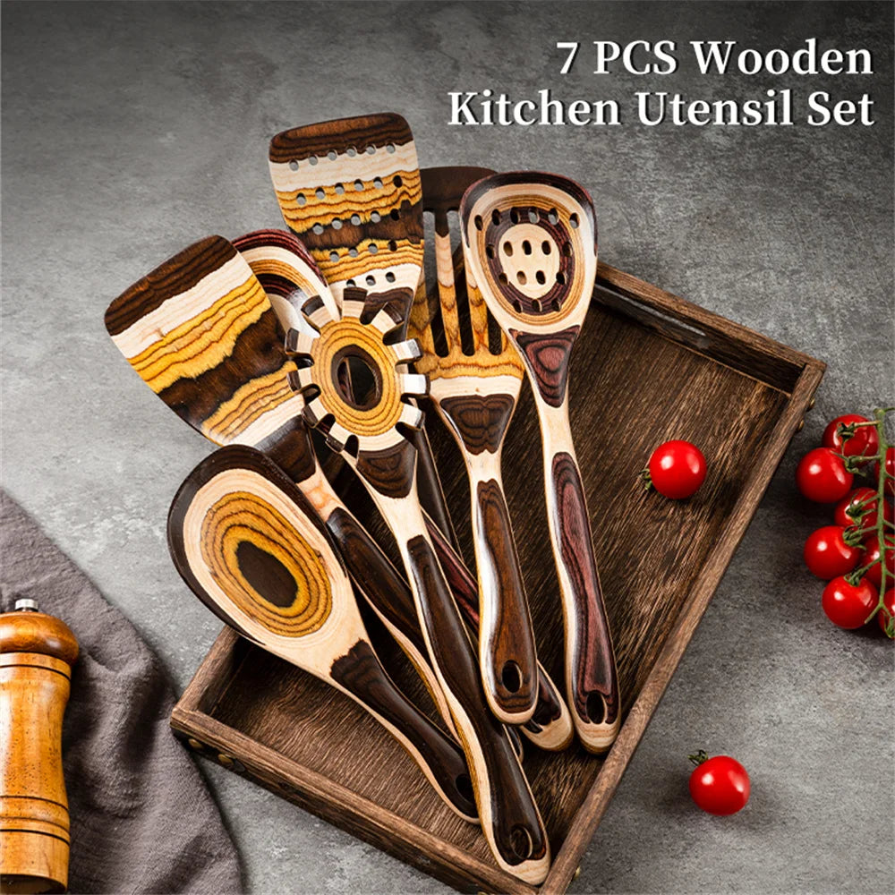 7-Piece Brown Utensils Set –, Wooden Spoons Utensil