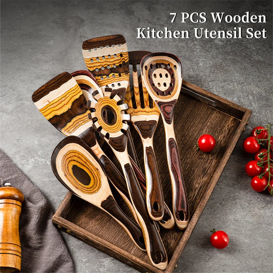 7-Piece Brown Utensils Set –, Wooden Spoons Utensil