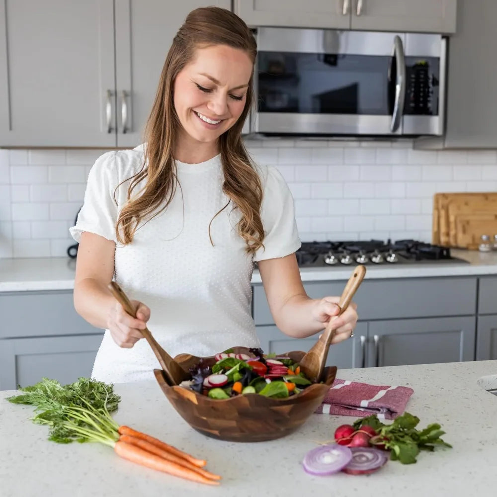 Large Scalloped Acacia Wood Salad Bowl Set with Spoons