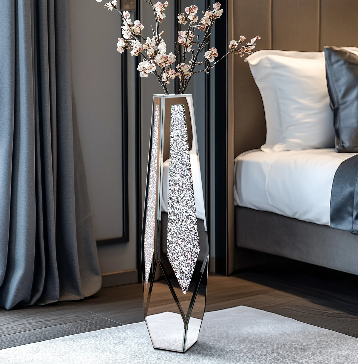 Tall Floor Mirror Vase, Large Crushed Diamond Glass Vase