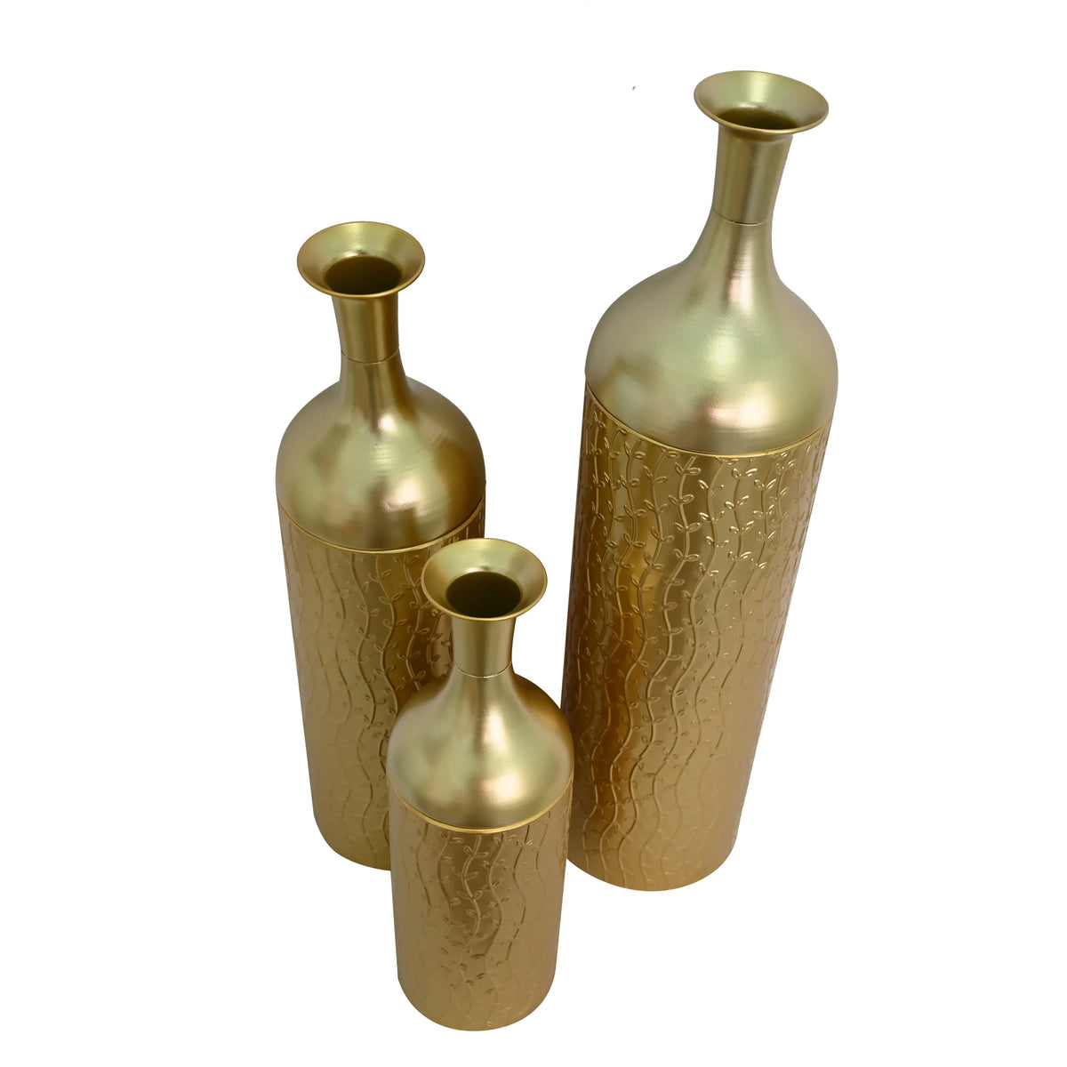 White Metal Floor Vases Set of 3, Tall Gold Leaf