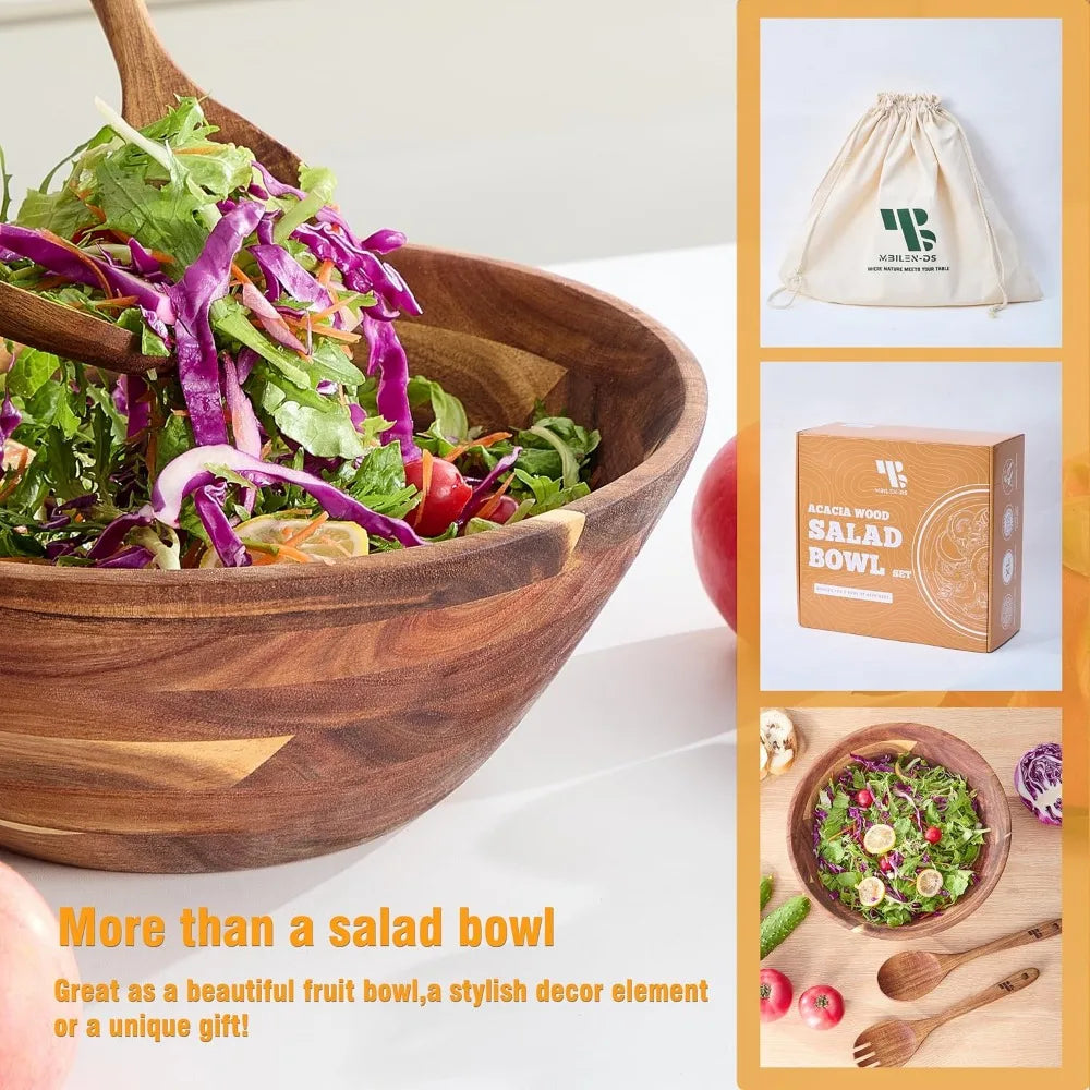 Large Acacia Wood Salad Bowl Set with Utensils, 12.5"