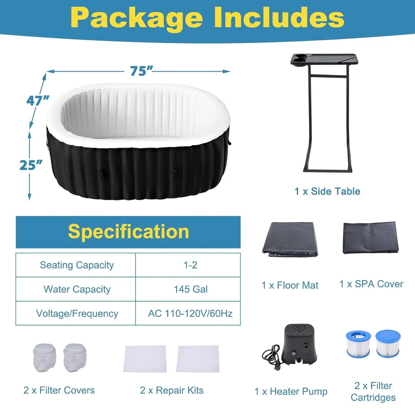 Inflatable Hot Tub - 2 Person, Portable Blow Up Spa 90 Soothing Bubble Air