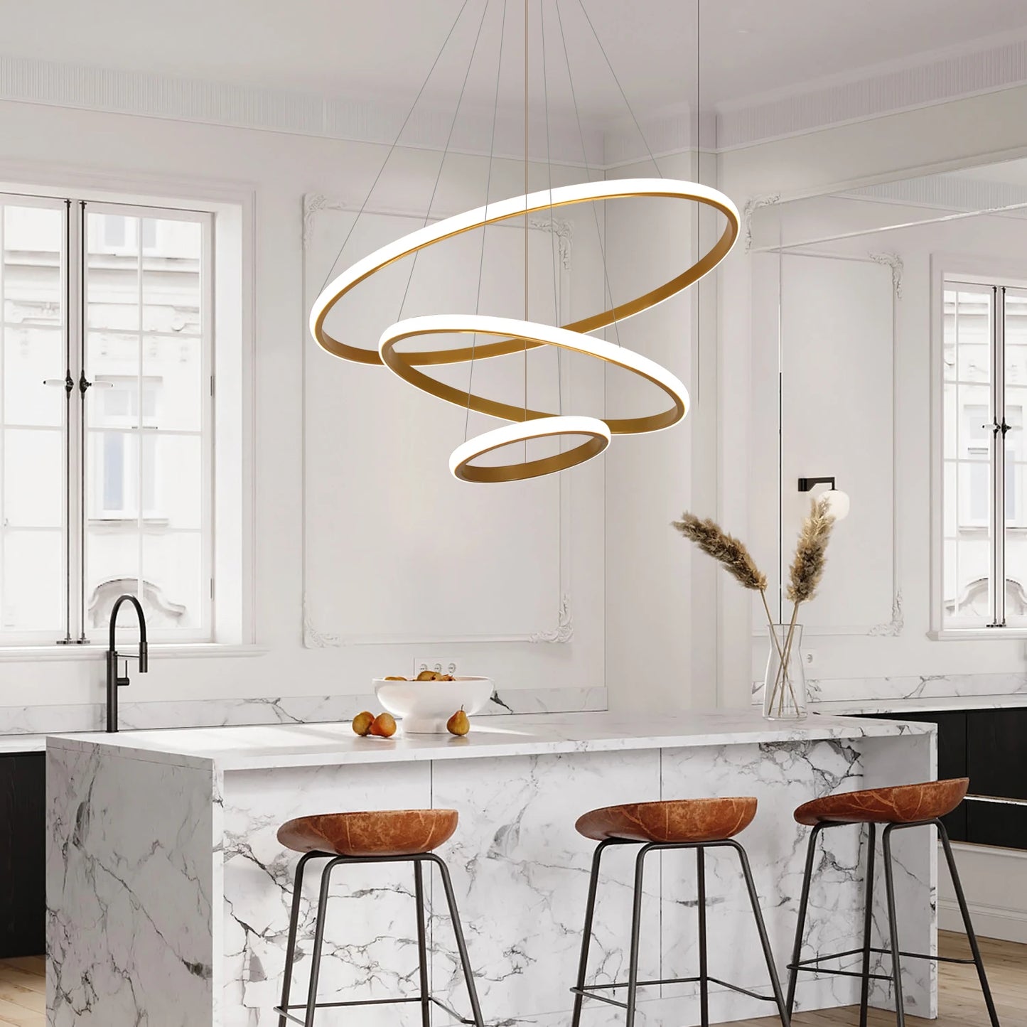 LED Chandelier for High Ceiling, Dimmable 3-Ring