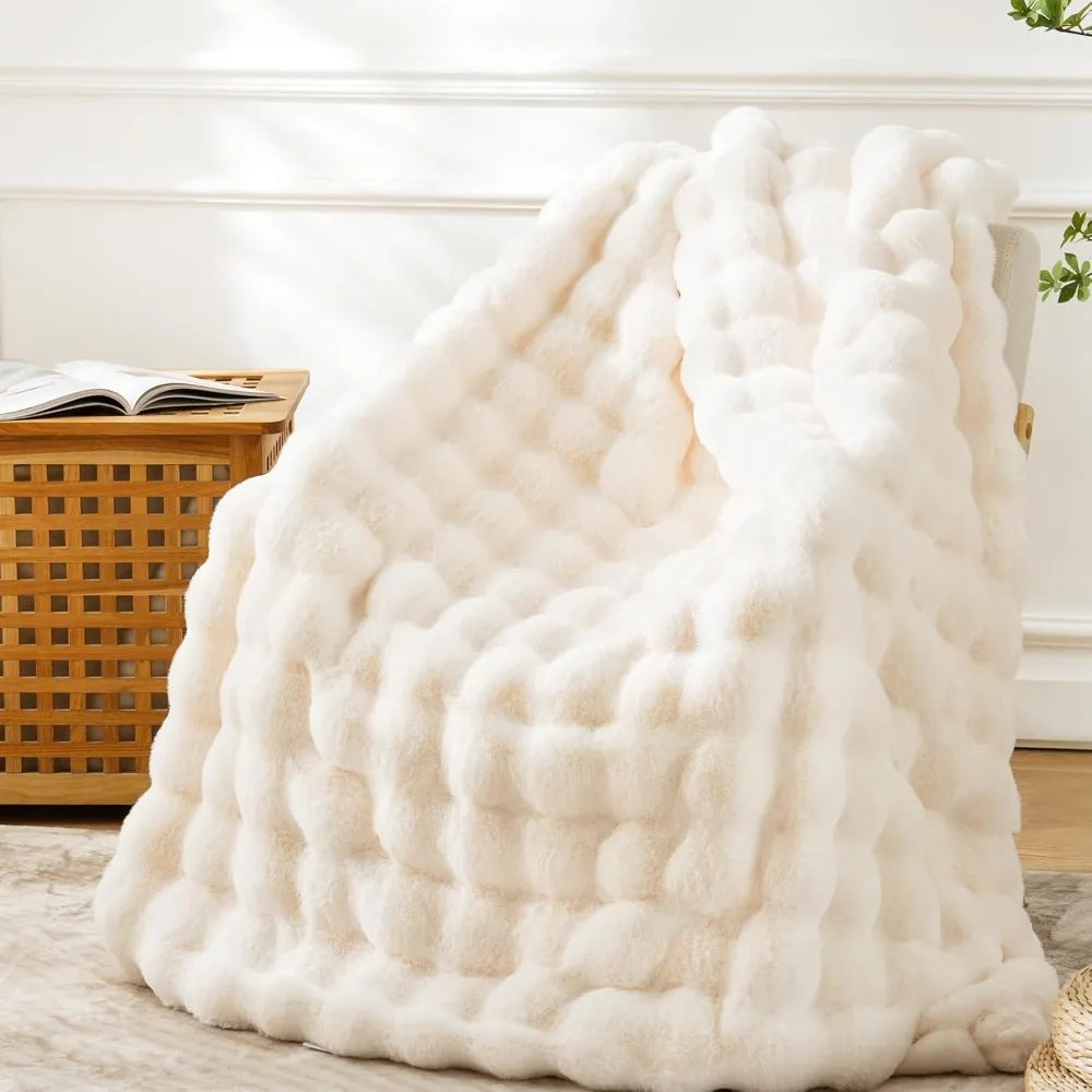 Faux Fur Throw Blanket Cozy Plush Fluffy Soft Thick Bubble Blanke