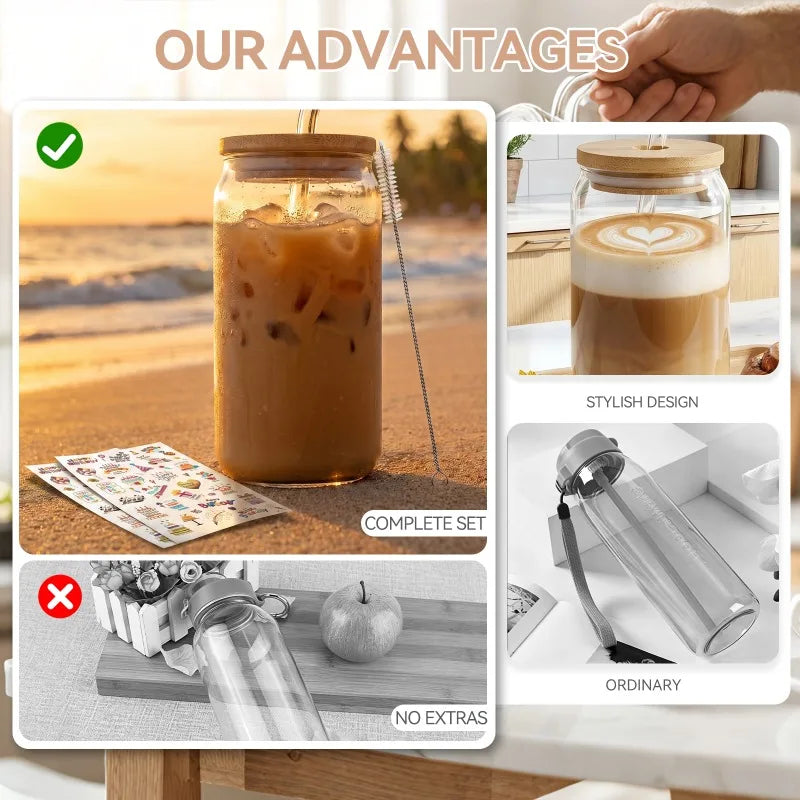 8 Pack Can‑Shaped Glass Cups Set with Bamboo Lids, Clear Iced Coffee Drinking Glass Tumbl