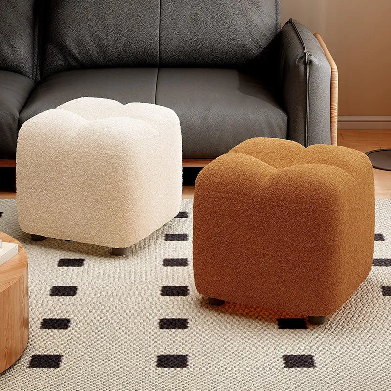 Lambs Wool Small Pouf Stool - Plush Sitting Cushion for Sofa