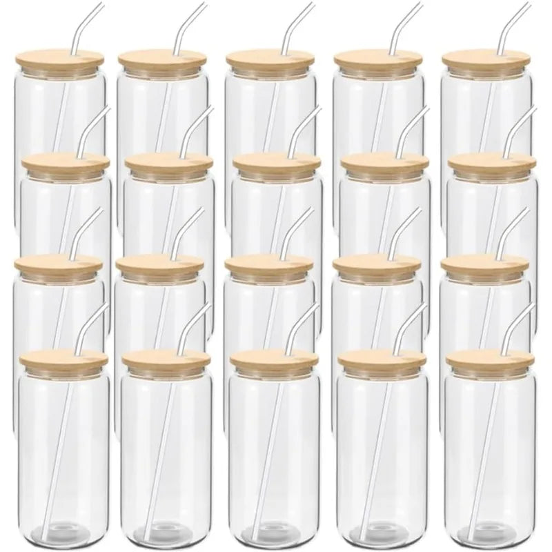 20 Pack Glass Cups with Bamboo Lids and Glass Straw 16oz