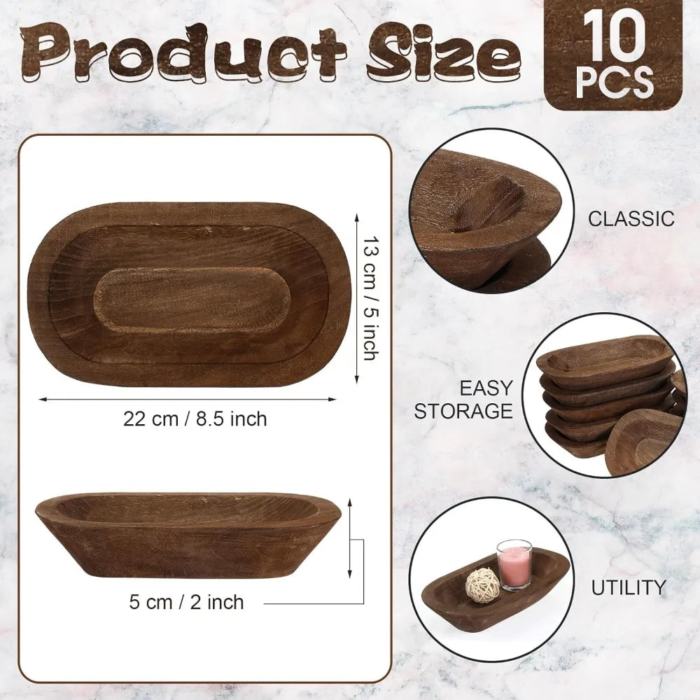 10 Pack Wooden Dough Bowls, 8.5 Inch Rustic Style