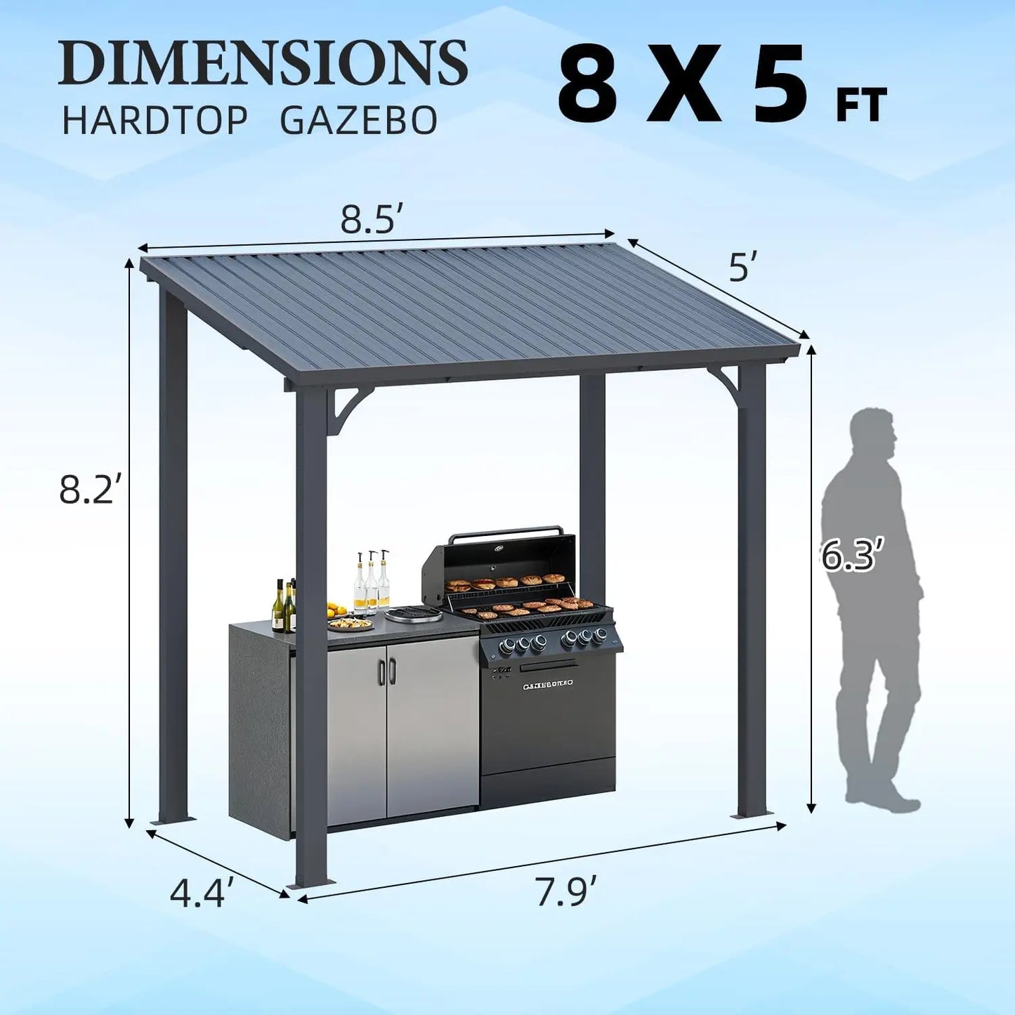5' X 8' Outdoor Hardtop Grill Gazebo, Wall-Mounted
