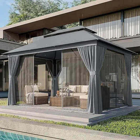 Outdoor Gazebo for Patio 10x12, Metal Frame Double Roofs,