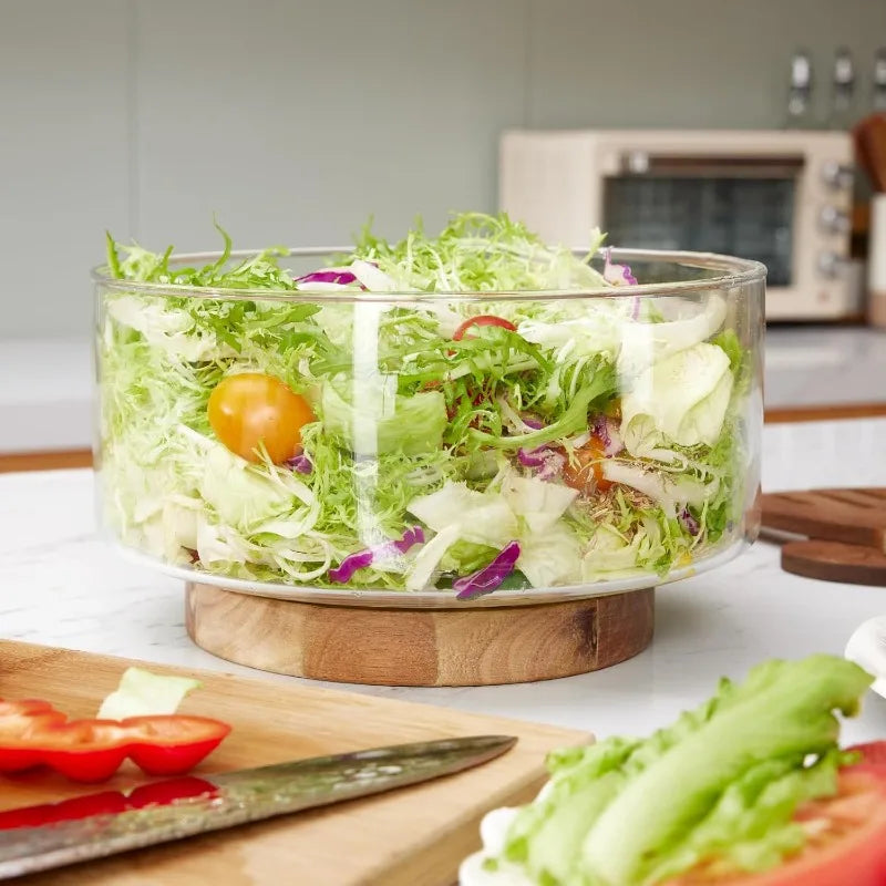 Large Salad Set, Glass Bowl, Acacia Wood Base