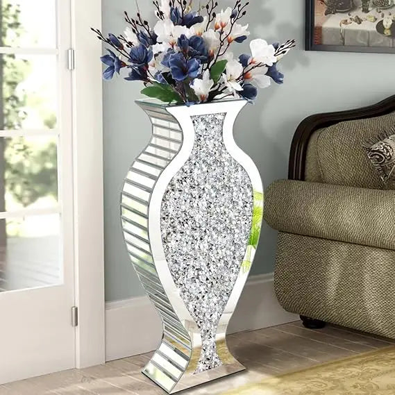 Luxurious 27-Inch Tall Floor Vase Diamond Mirrored Glass