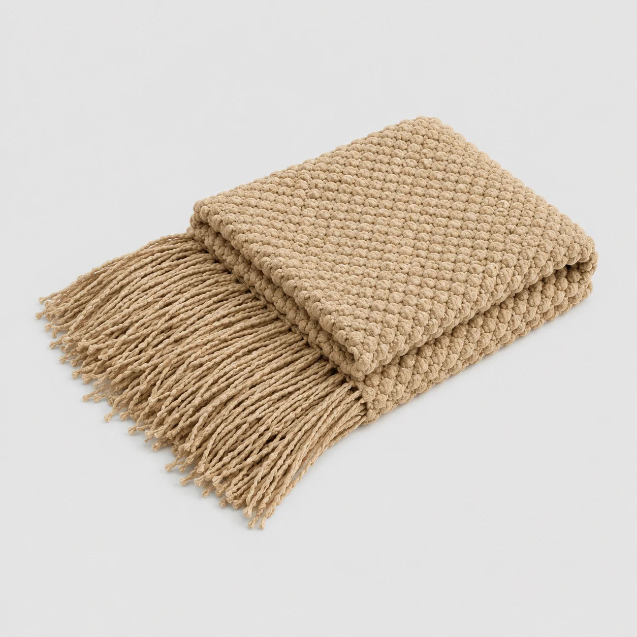 Khaki Popcorn Bobble Textured Knit Throw Blanket with Tassel Fringe, Soft Knitted Decorative Blanket, Lightweight Cozy Cover for Couch Sofa Bed, Boho Farmhouse Home Decor for Living Room Bedroom