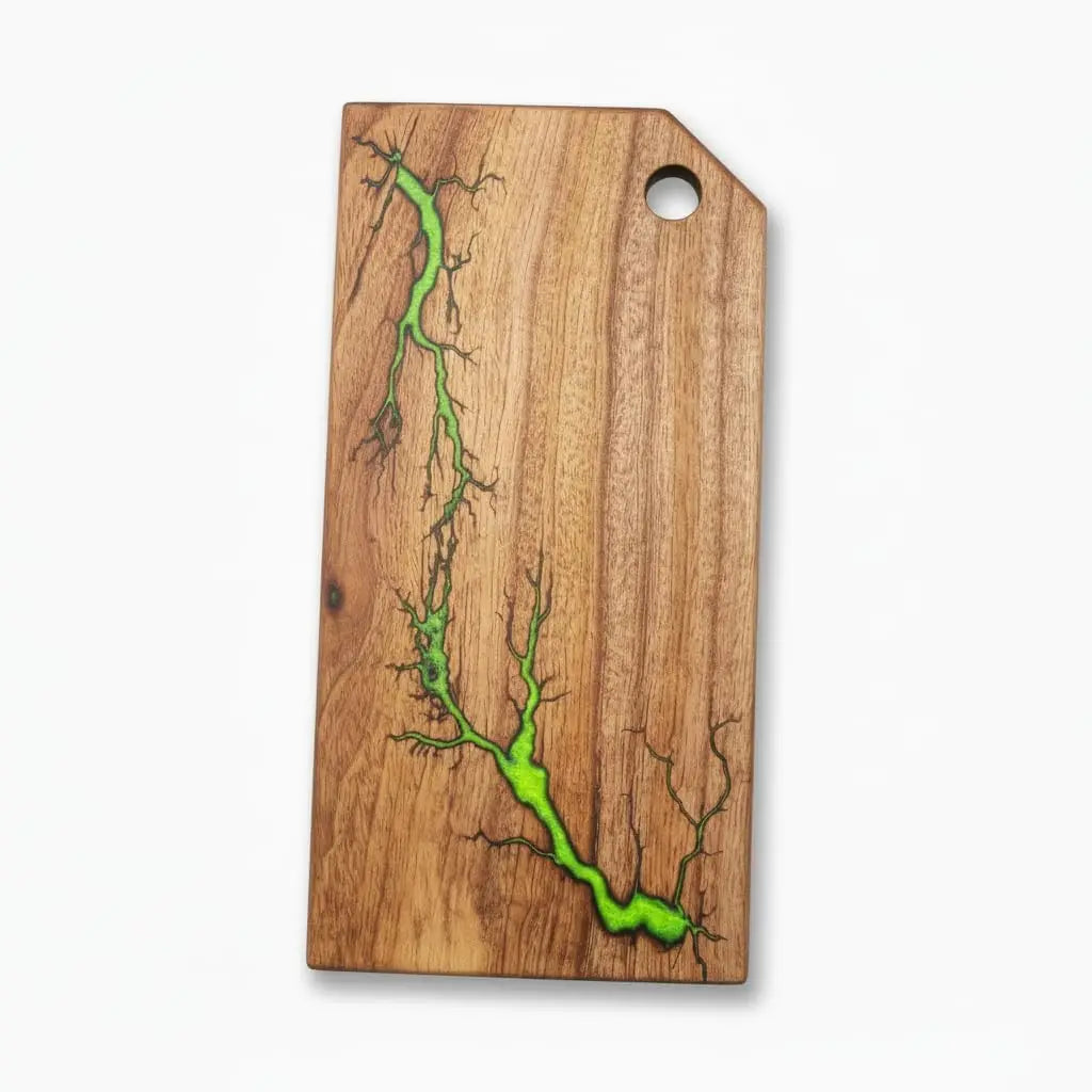 Acacia Wood Charcuterie Board 16x8 Inch Green Fractal Burn Epoxy