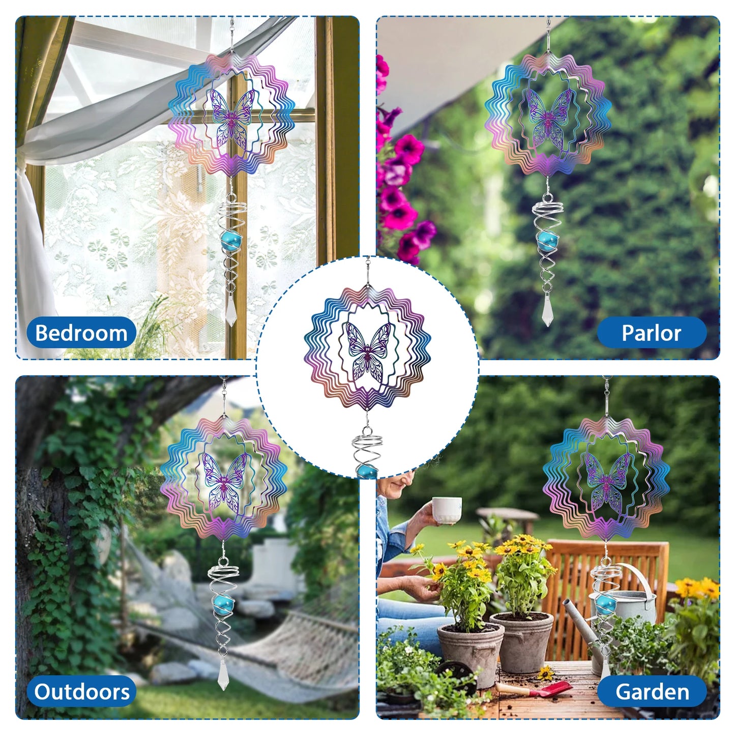 Hanging Wind Spinners Butterfly 3D Metal Rotating Windchime