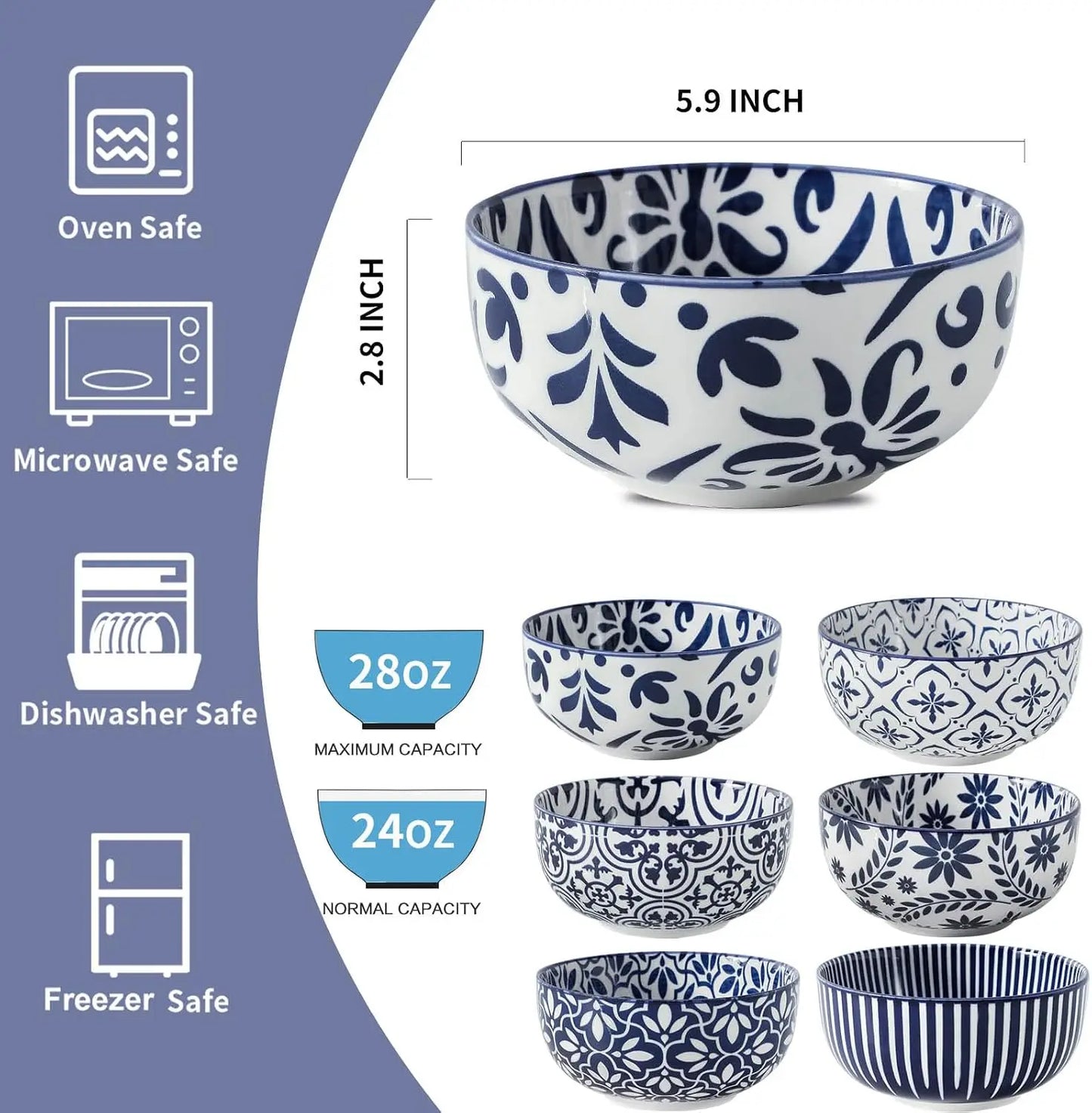 Cereal Bowls, 28 Ounce Ceramic Soup Bowls Set of 6,