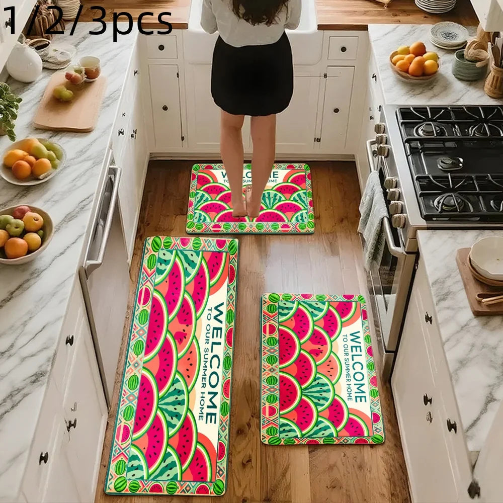 3PCS Mat Set,  Watermelon Pattern  Welcome Text Rug.