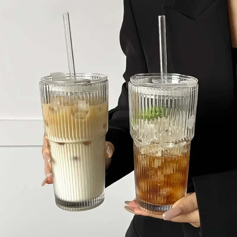 1pcs 600ML Striped Cup with Lid Straw Iced Coffee