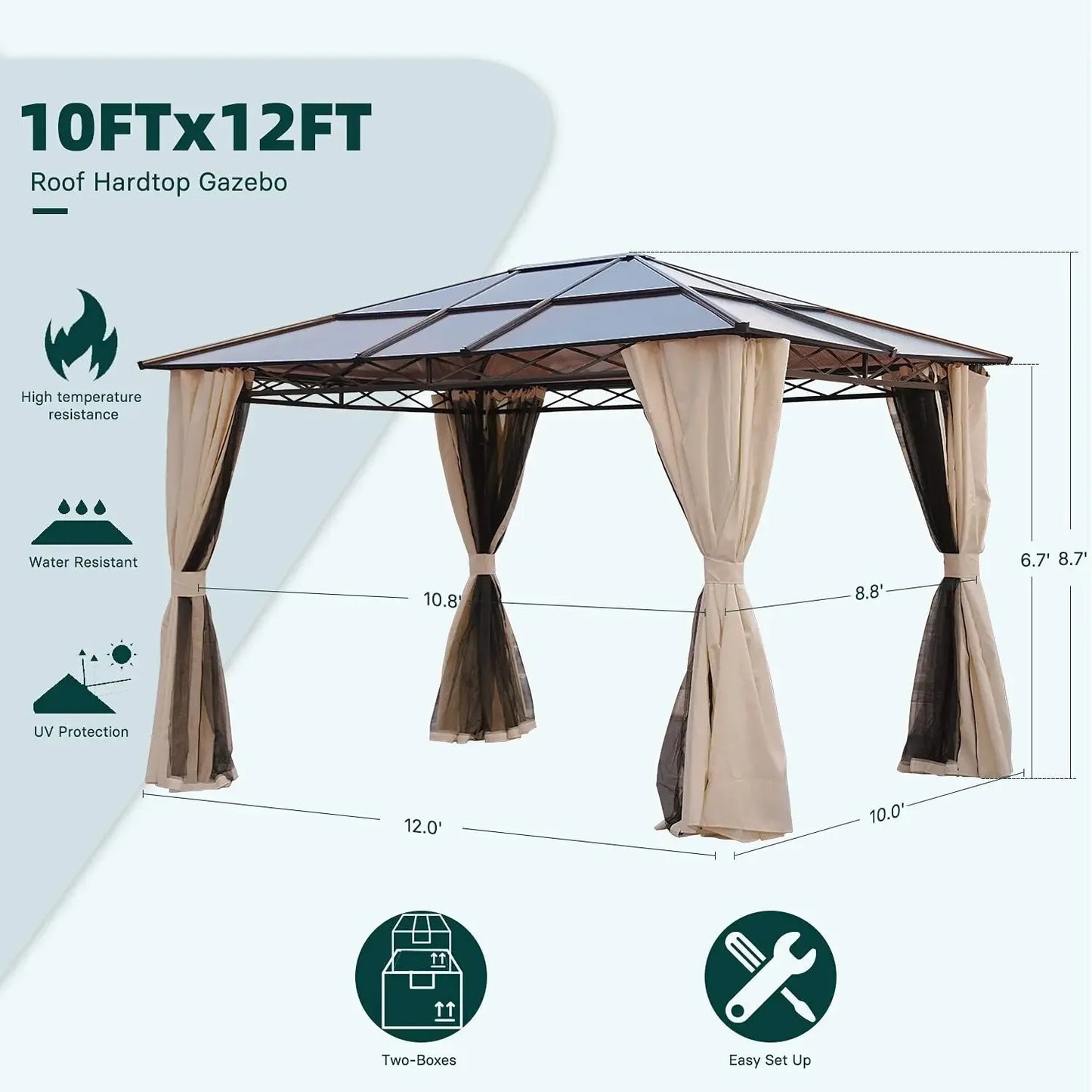 10x12 Gazebo, Hardtop Gazebo, UV 50+ Netting and Curtains