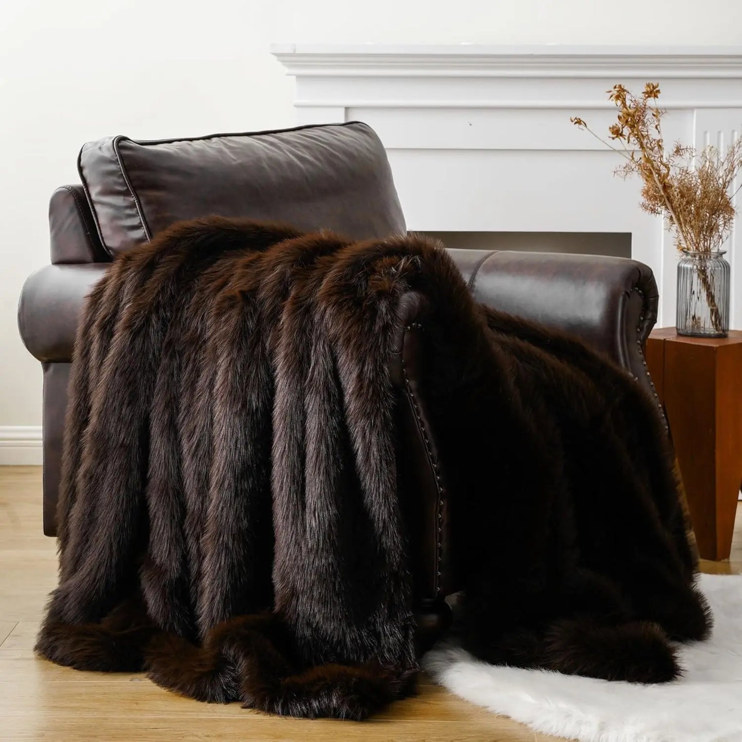 Luxury Brown Faux Fur Throw Blanket, Large King Size 60x80