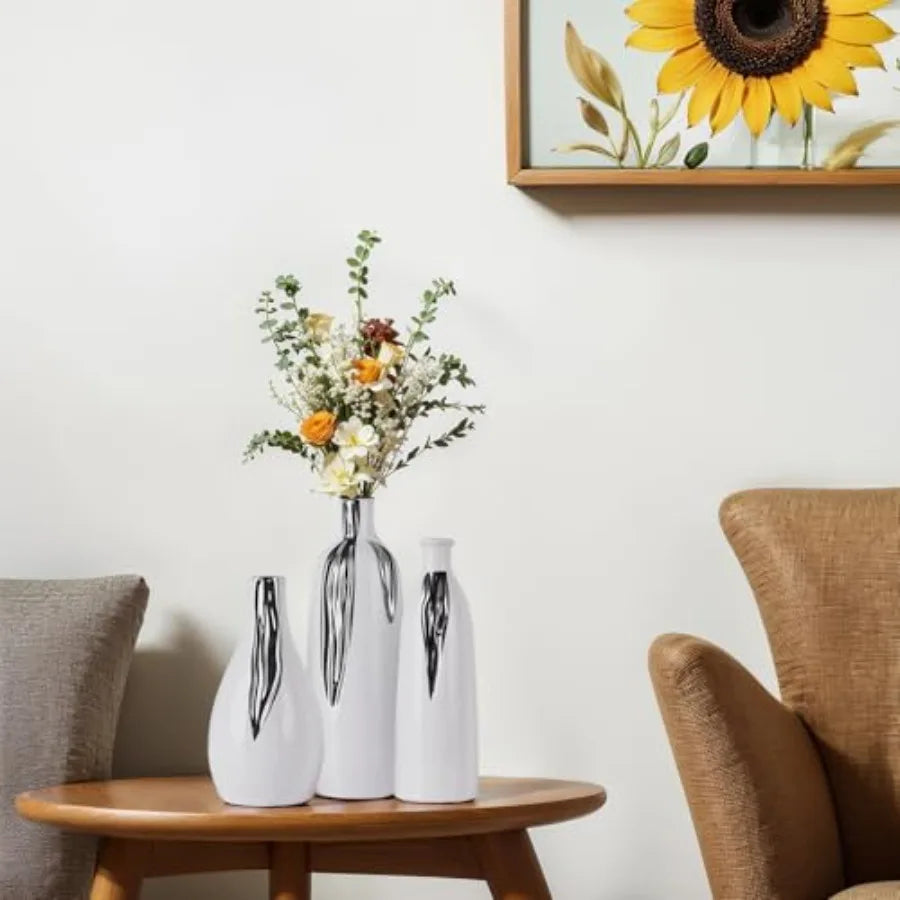 Ceramic Vase 3 Pcs Set, White and Silver Vases for Home Decor, Decorative Vases for Mantels, Shelves and Entryway Decor, Dining