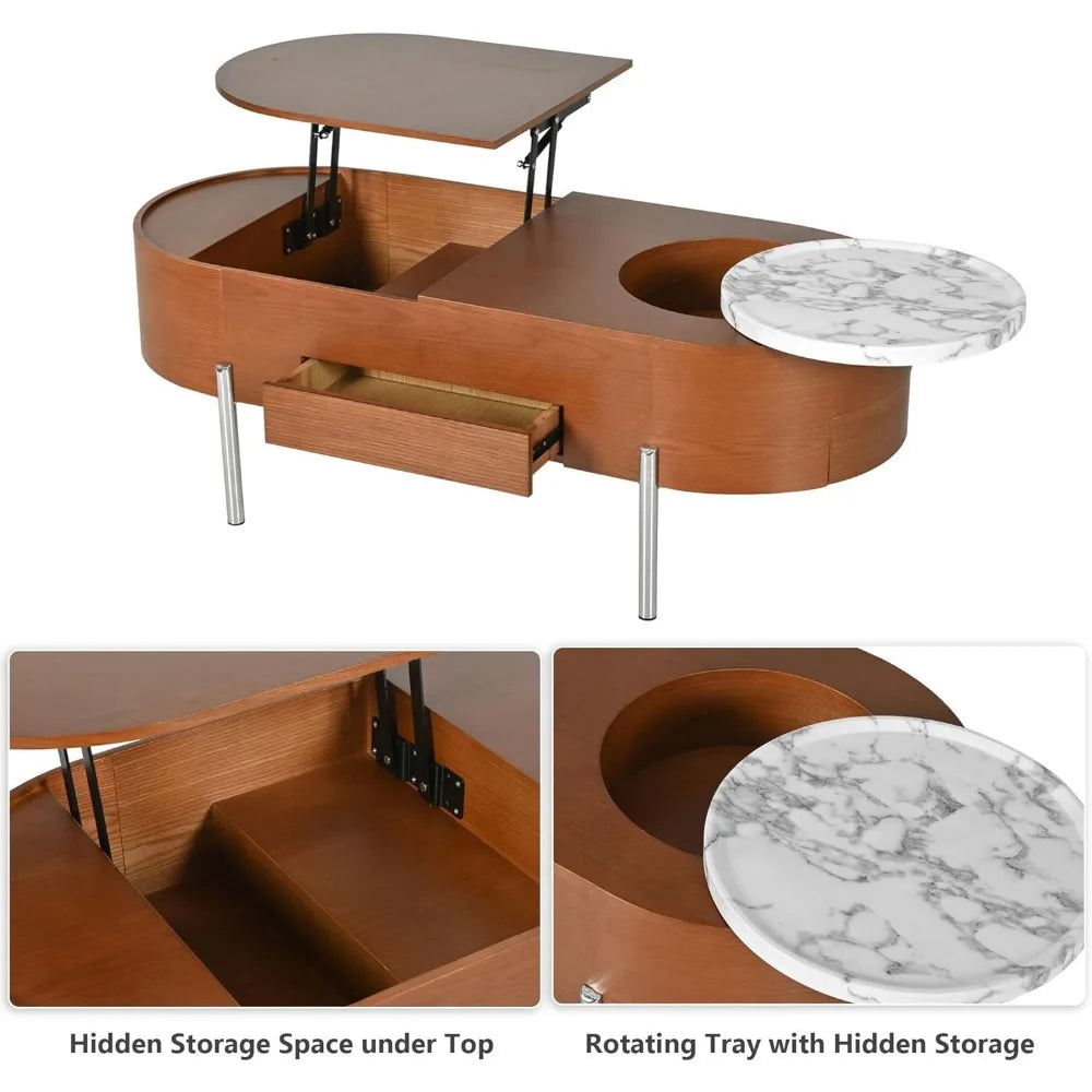 47.2-Inch Lift Top Coffee Table - Hidden Storage - Rotating Round Tray