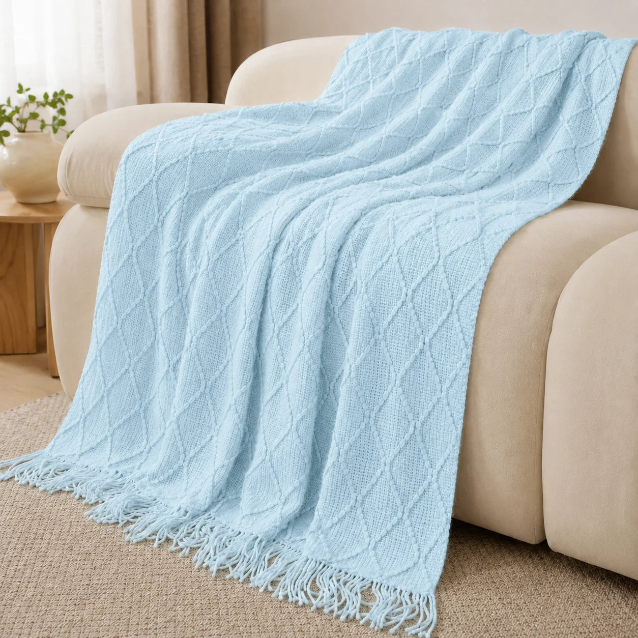 Textured Knit Throw Blanket with Tassel Fringe, Soft Knitted Decorative Blanket,