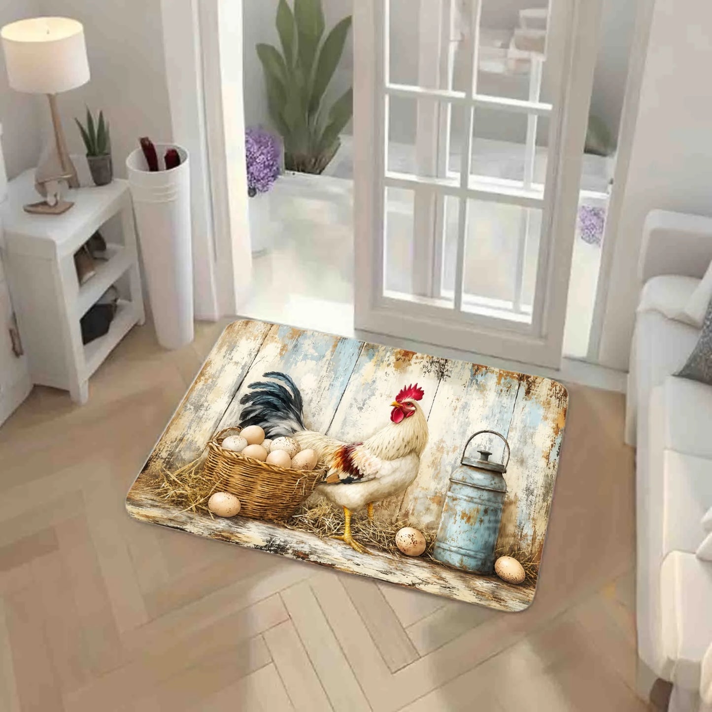 3PCS  Rugs,Rooster Chicken Basket Rustic Farmhouse Pattern Dining Mat