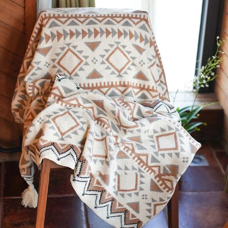 Boho Throw Blankets Knitted Brown Tassel