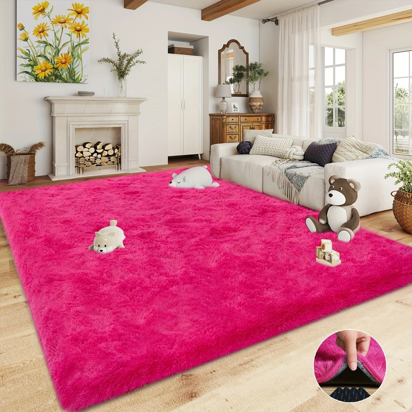 Hot Pink Soft Shaggy Non-Slip Rugs
