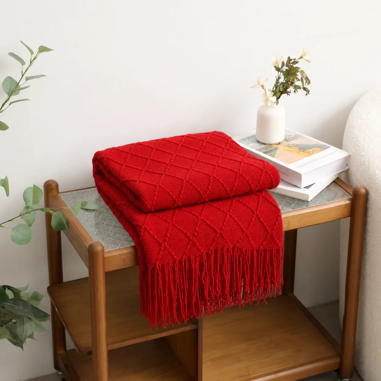 Cream Popcorn Bobble Textured Knit Throw Blanket with Tassel Fringe,