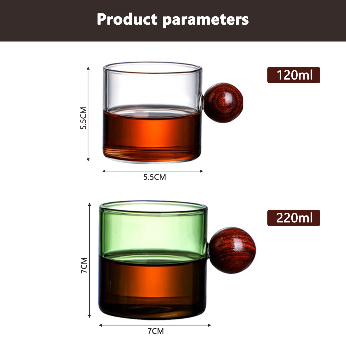 Colorful Glass Coffee Mugs With Wooden Ball Handle 120/200ml