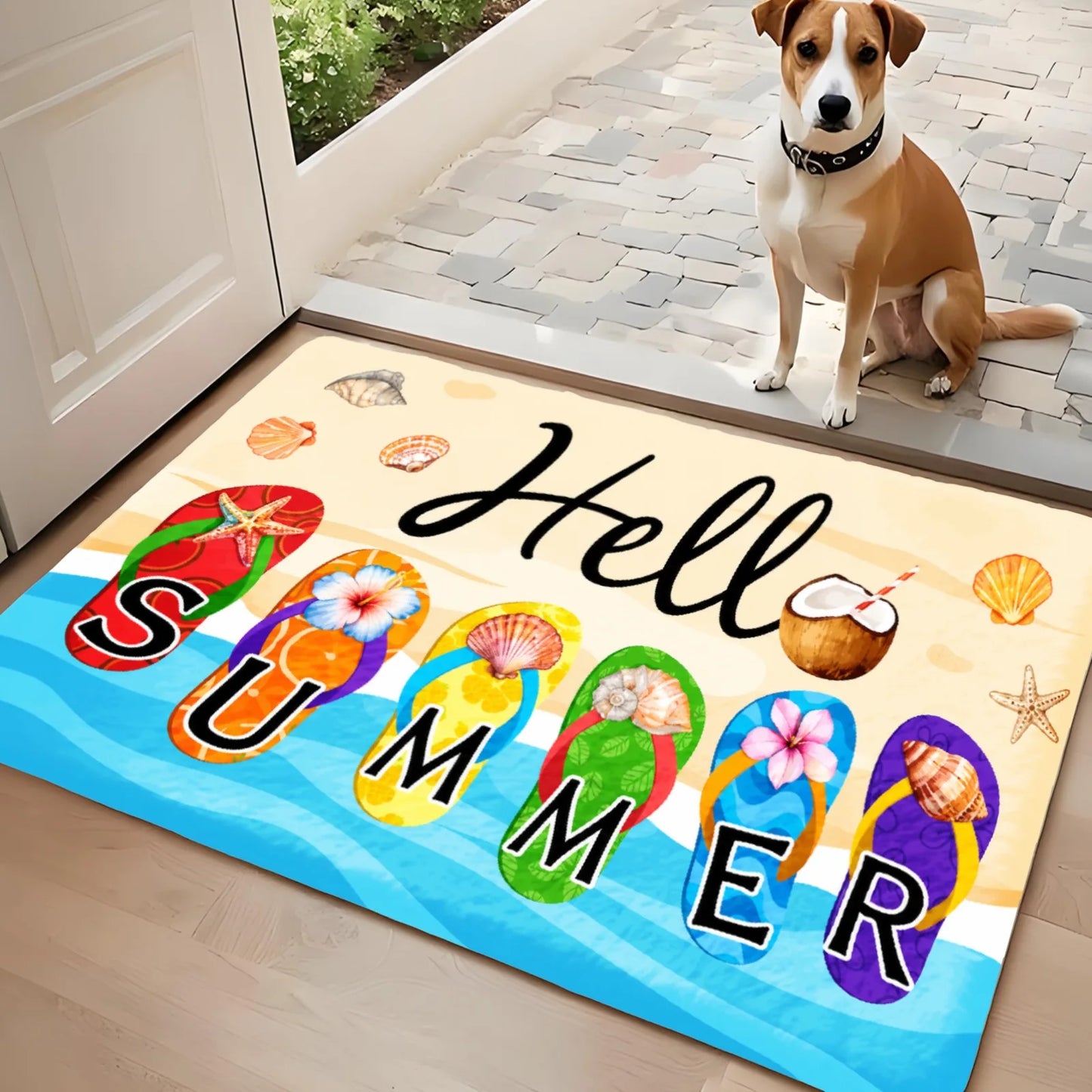 3PCS Kitchen Rugs Hello Summer Colorful Flip Flops Pattern Dining Mat