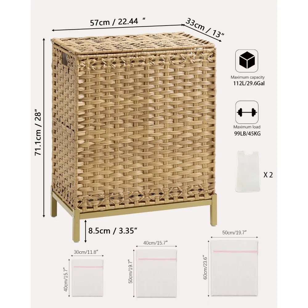Laundry Hamper with Lid, 112 L Handwoven Rattan Wicker