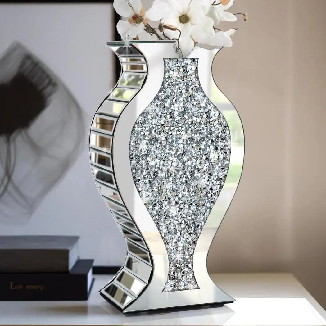 Crushed Diamond Mirror Vase Crystal Silver Glass