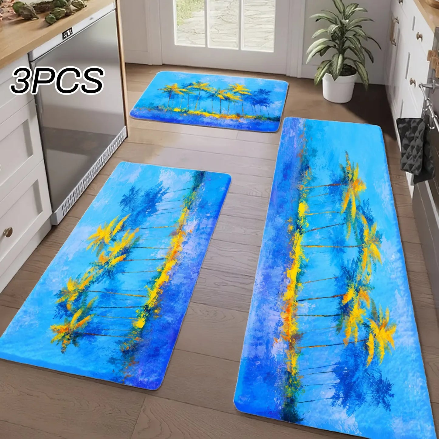 3PCS Kitchen Rugs, Kitchen, Bathroom, Blue Sky Palm Trees Tropical Beach