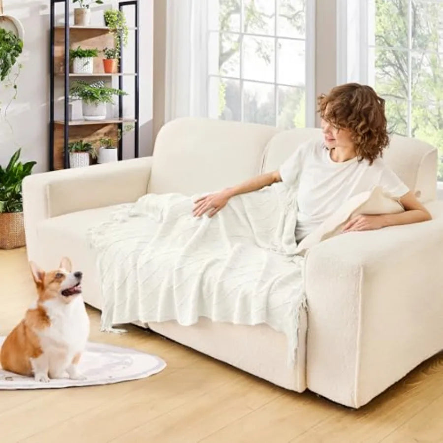 Knitted Throw Blanket  with Tassel, Outdoor Lightweight Breathable