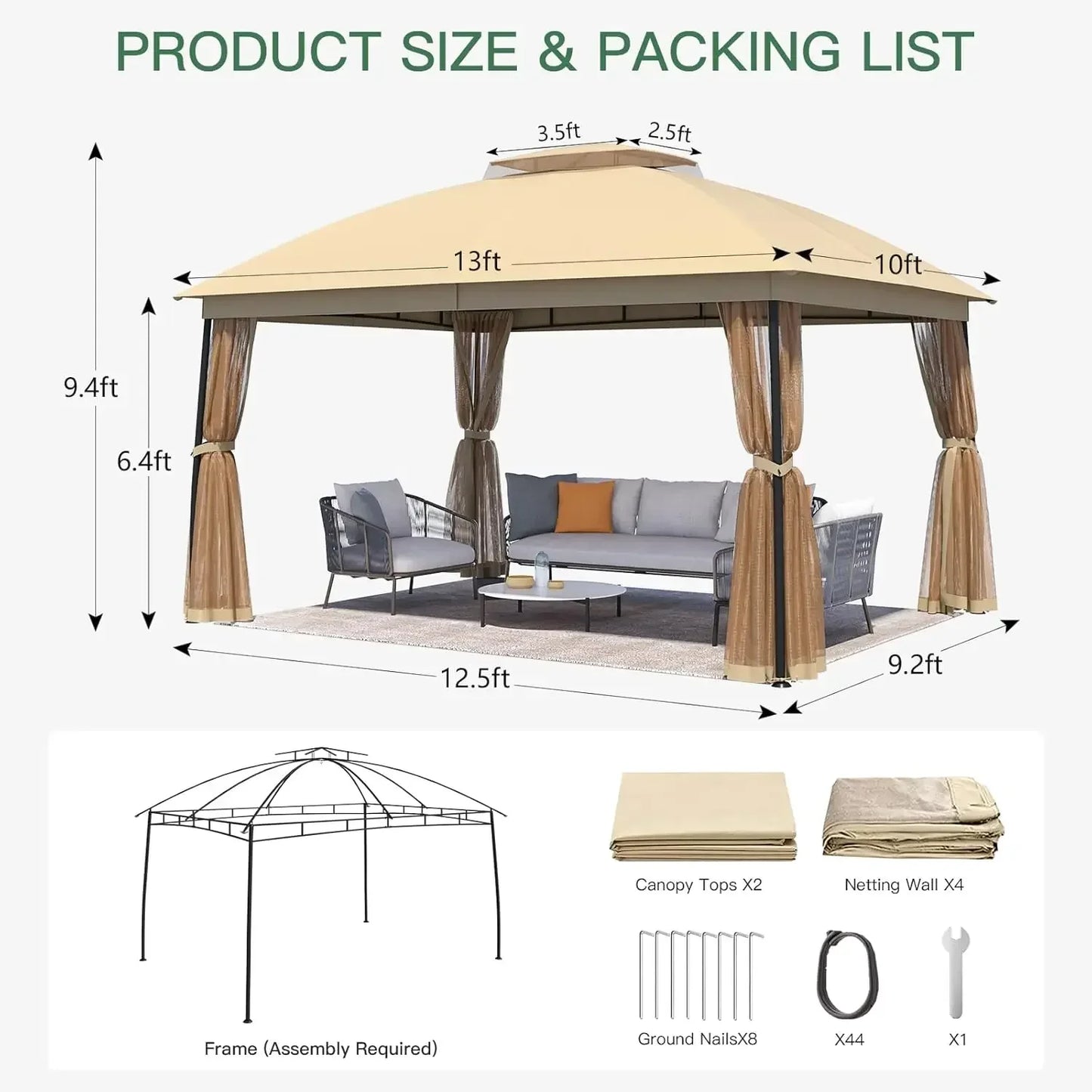 10 x 13 Gazebo, Metal Patio Gazebo Netting -Double Air Roofs