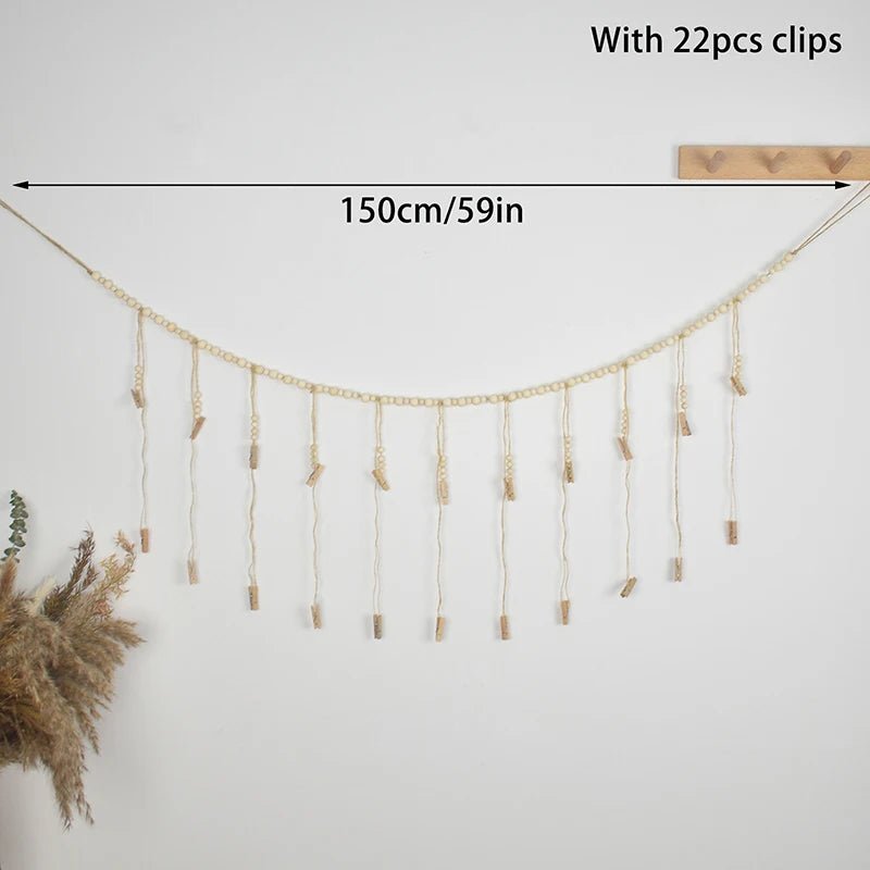 Photo Display Wall Hanging- Wooden Beads Macrame Tapestry