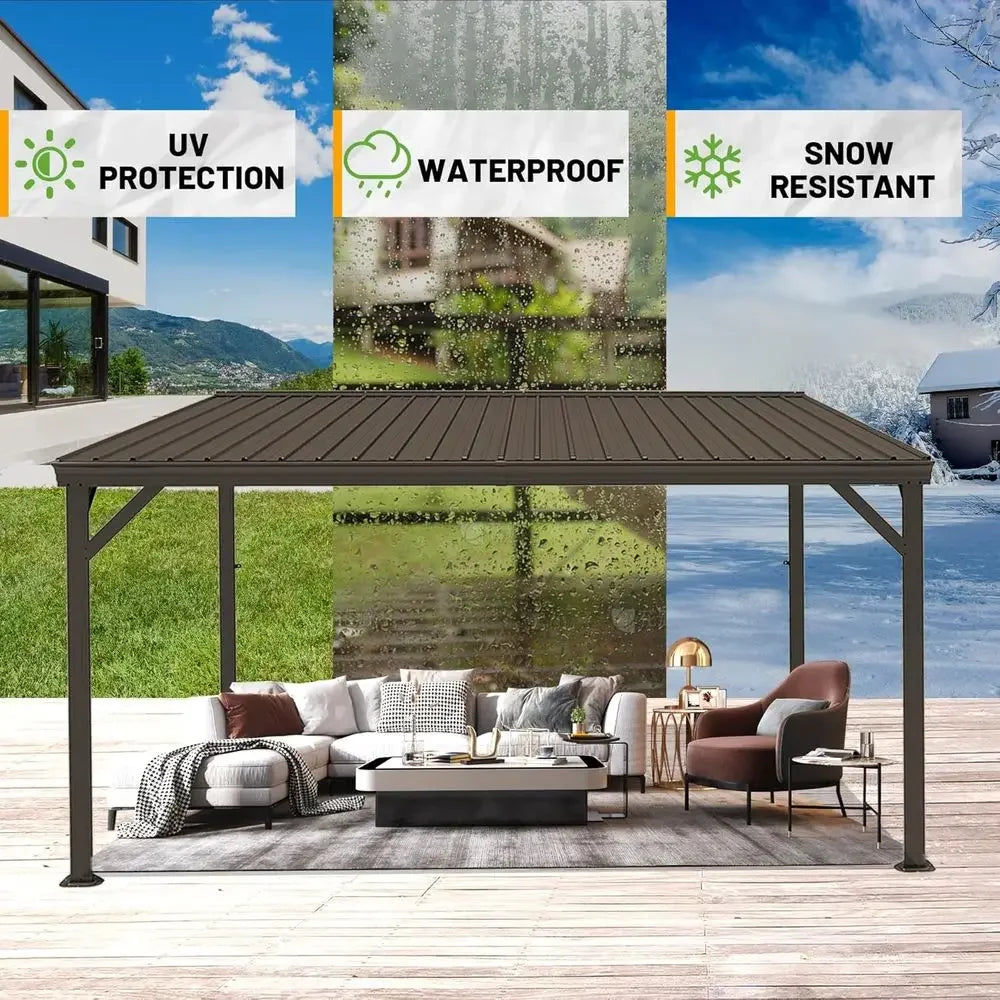 10x16T Lean to Gazebo, Outdoor Metal Hardtop Wall Mounted