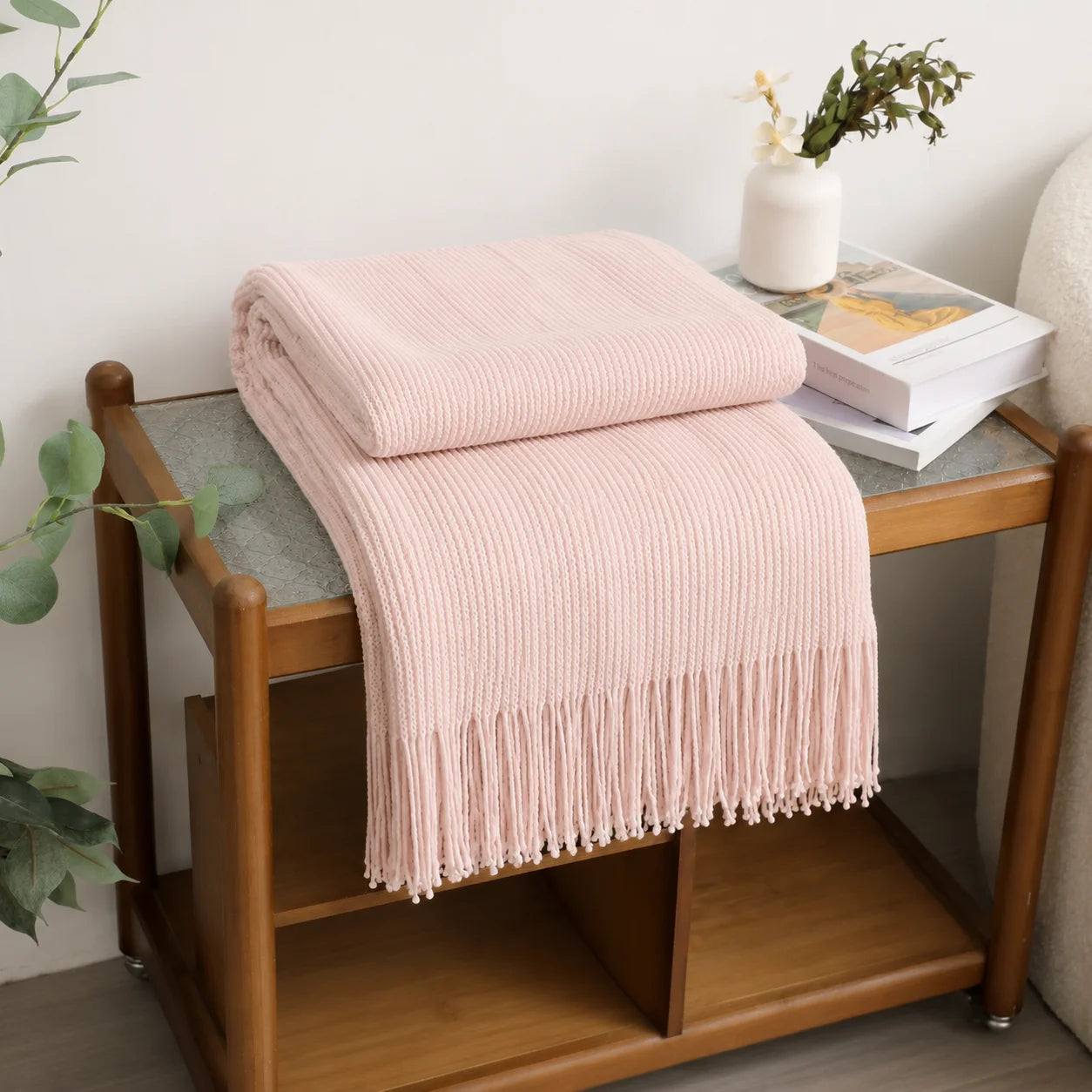 Cream Popcorn Bobble Textured Knit Throw Blanket with Tassel Fringe,