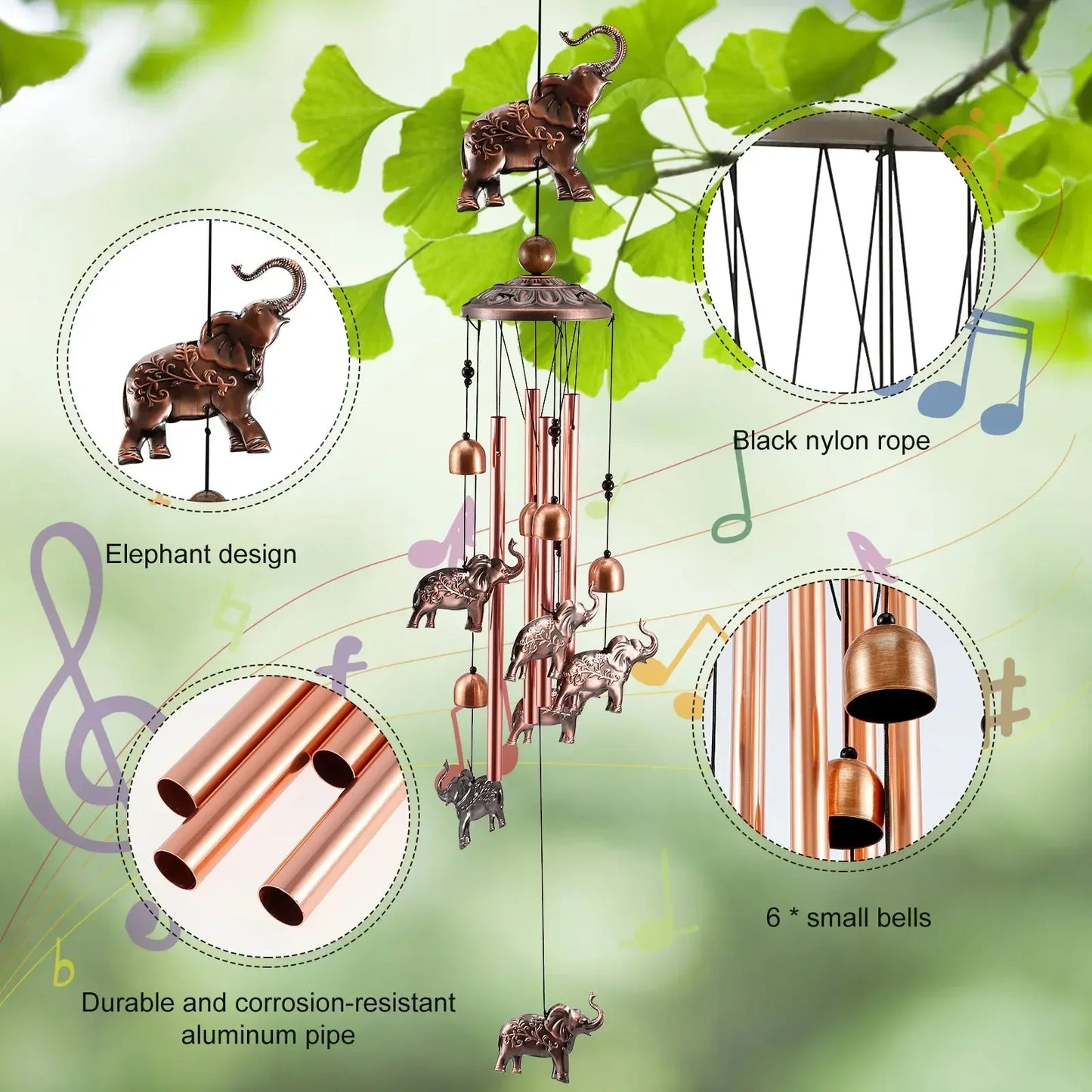 5/1pcs Elephant Wind Chimes with S Hook