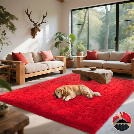 Room Decor Rug,Fluffy Soft Shaggy Non-Slip Red Rugs with 4 Stickers