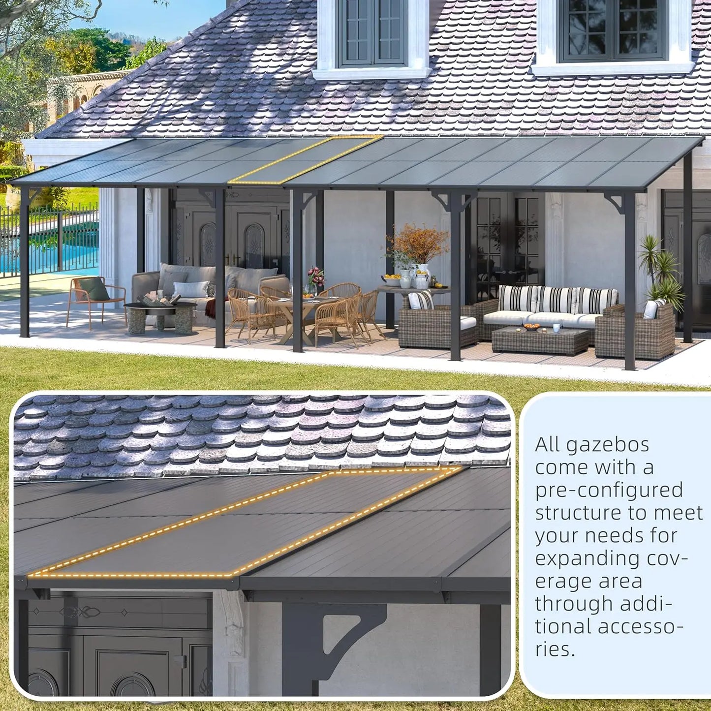 Wall Gazebo12’ x 10’, Hard Top  Pergola on Clearance