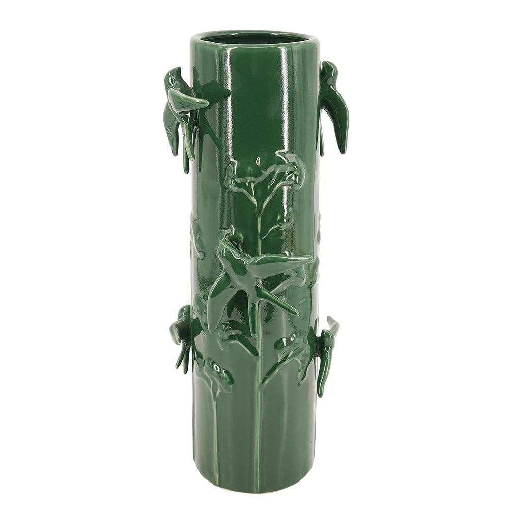 D7.9x18.9" Tall Green Ceramic Vase with Sculpted Birds and Vines