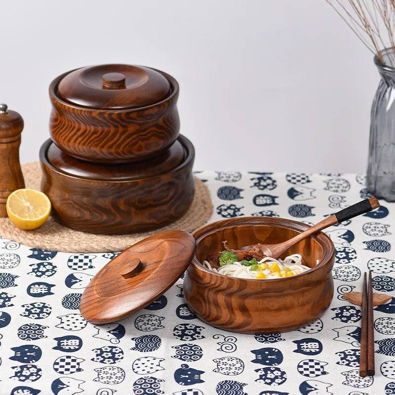 Solid Wooden Bowl with Lid Wooden Salad Bowl