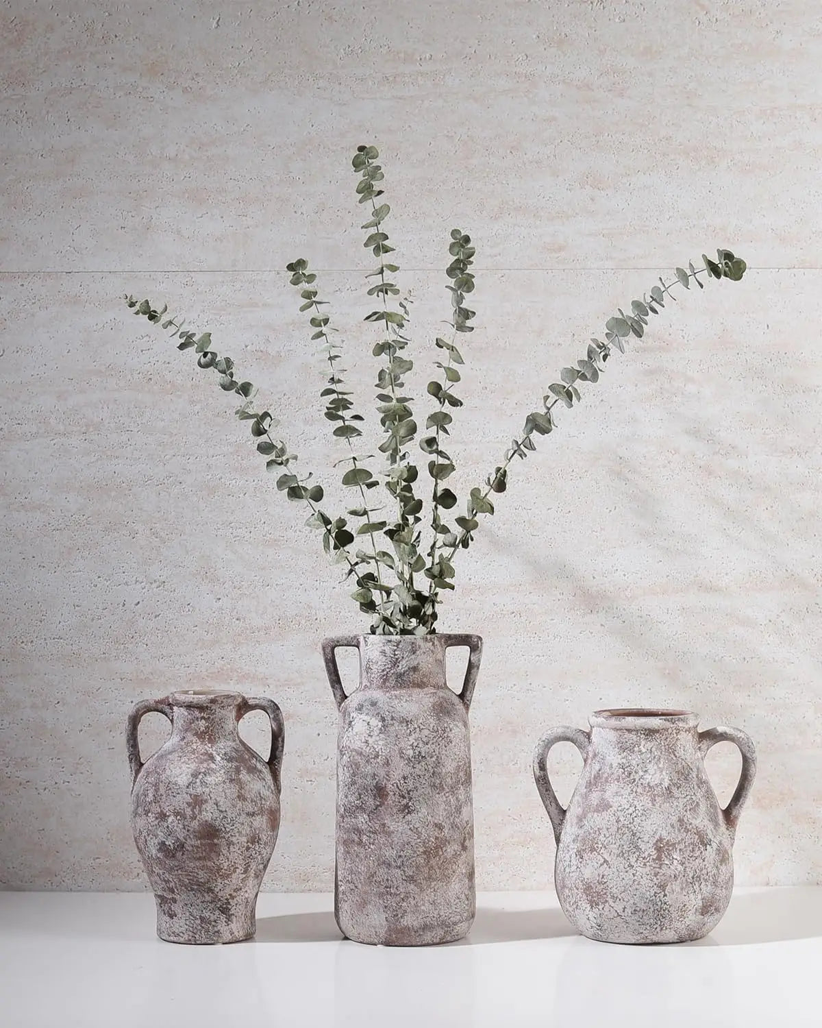 Set of 3 Handmade Ceramic Vases, with Handles, Glazed Interior